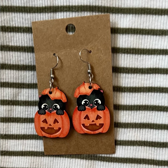 Halloween Pumpkin Cat Earrings - Picture 1 of 2
